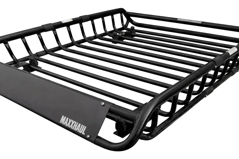 MaxxHaul 70115 compact black steel roof cargo basket with a mesh floor and low perimeter rails