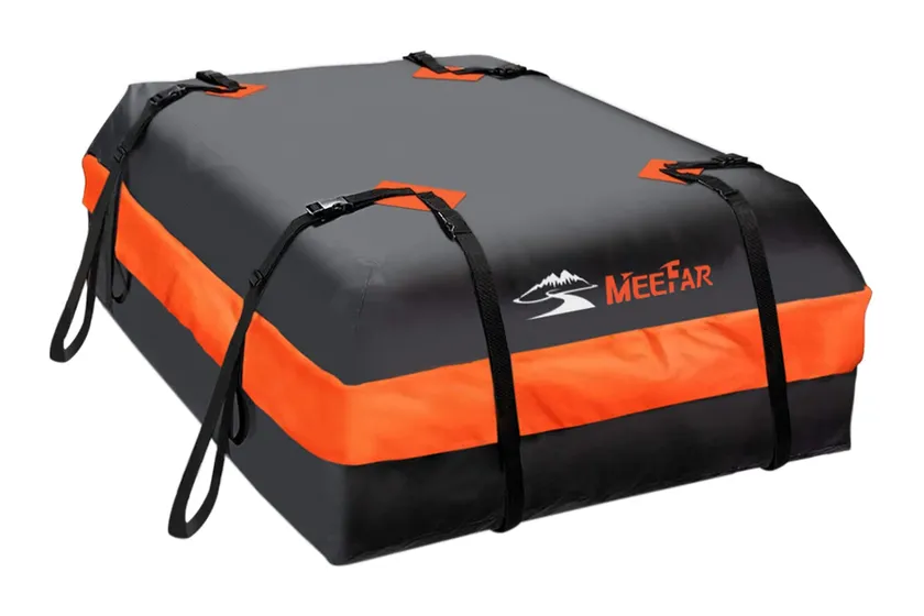 MeeFar XBEEK black waterproof rooftop cargo bag with eight reinforced straps and six door hooks strapped to a car roof