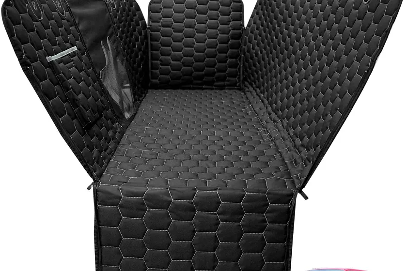 Meginc black truck dog seat cover hammock with a mesh viewing window installed in a pickup back seat