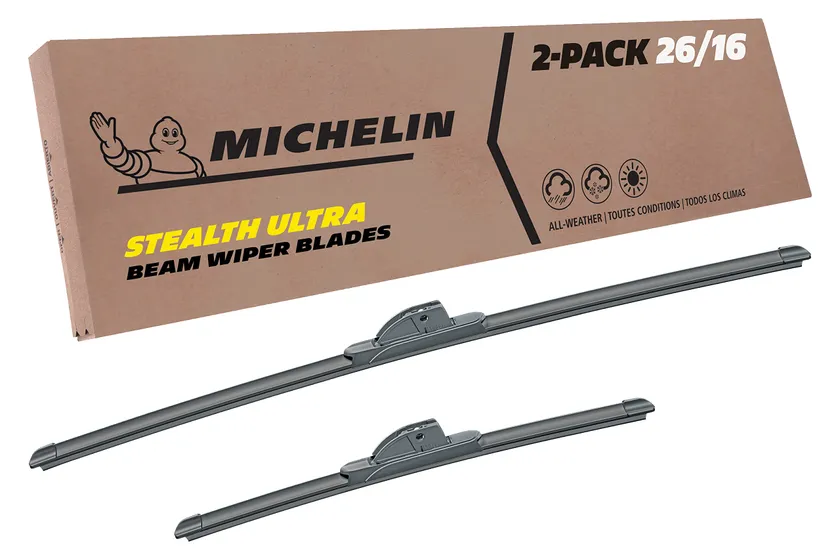 Michelin Stealth Ultra hybrid wiper blade twin pack showing the covered frame design and two blade lengths