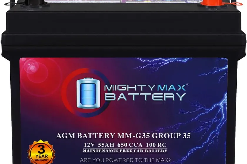 Mighty Max MM-G35 black Group 35 AGM car battery with top posts and mounting screws