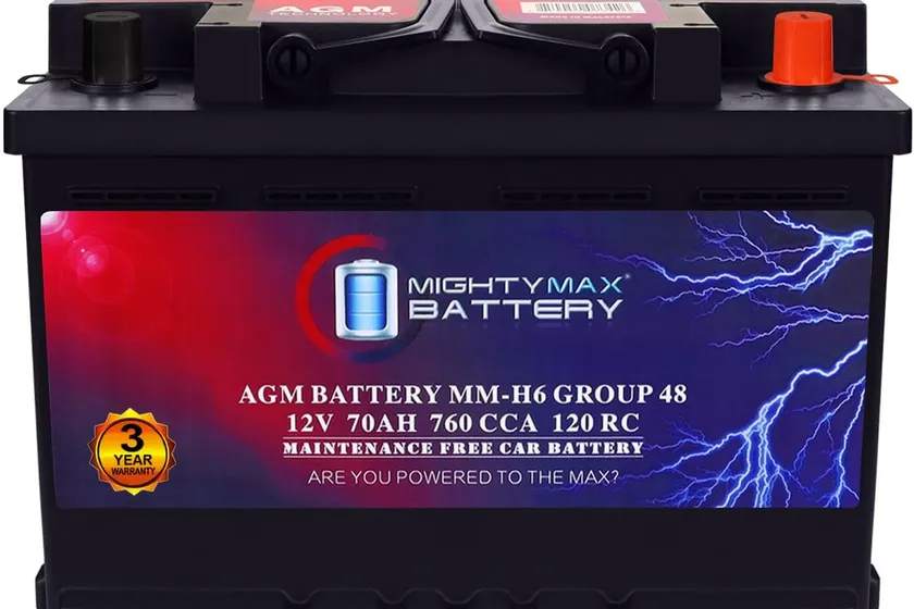 Mighty Max MM-H6 black Group 48 AGM car battery with top posts and a carry handle
