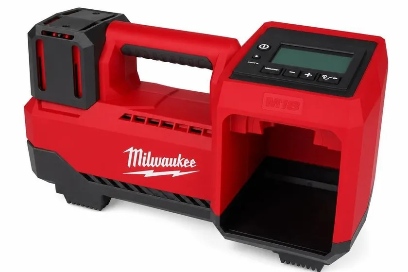 Milwaukee M18 red and black cordless tire inflator with digital display and onboard hose