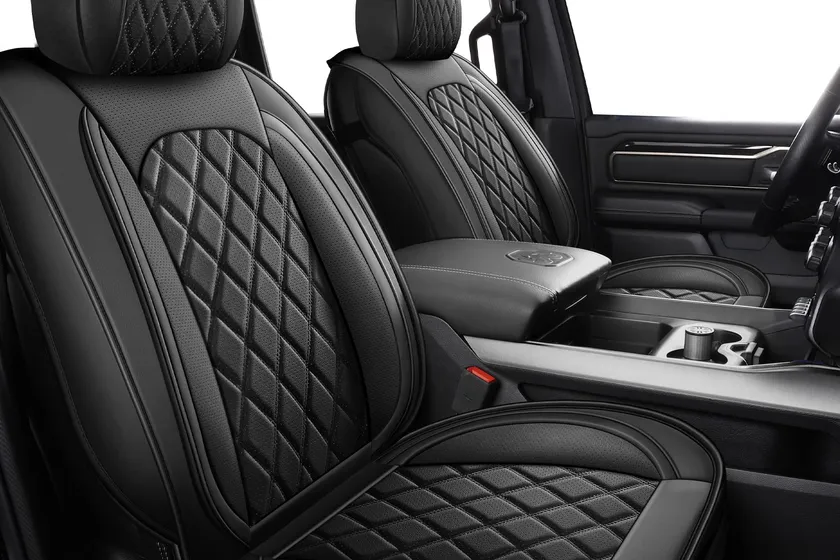 MIROZO waterproof black full set seat covers installed front and rear in a Ram 2500 crew cab