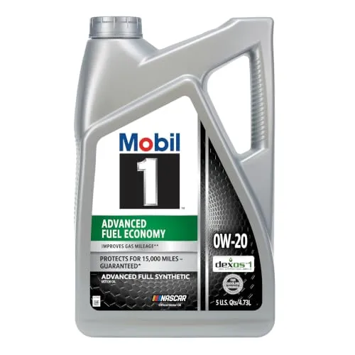 Mobil 1 Advanced Fuel Economy Full Synthetic 0W-20 motor oil in a 5 quart grey and silver jug
