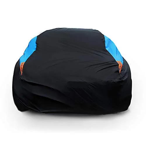 MORNYRAY blue waterproof car cover pulled over a long sedan with the elastic hem tucked under the sills