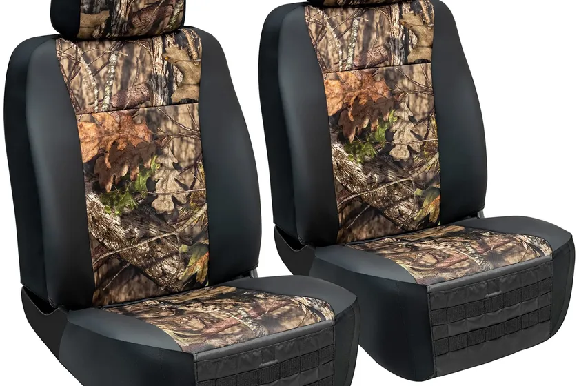 Mossy Oak heavy duty front seat covers with Molle style organizer panels and storage pockets for full-size trucks