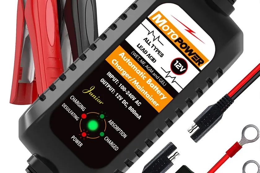 MOTOPOWER MP00205A small black 800mA battery maintainer with SAE lead and alligator clip harness