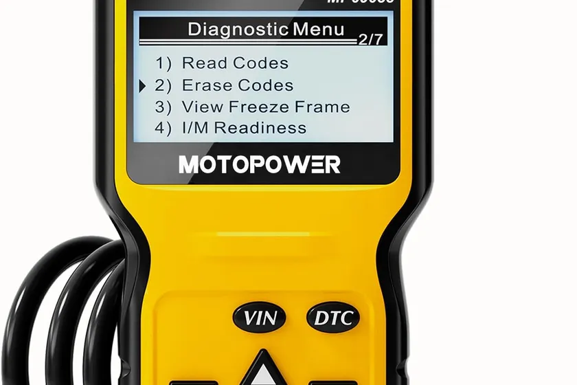 MOTOPOWER MP69033 yellow OBD2 code reader with a 2.8 inch LCD screen and six buttons