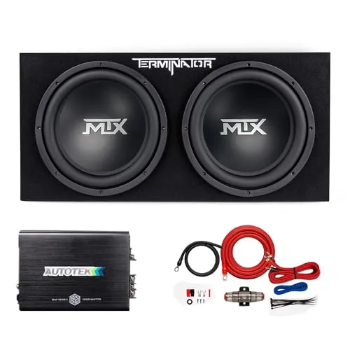 MTX Terminator TNE212D carpet wrapped dual 12 inch sealed subwoofer box next to its mono amplifier and 4 gauge wiring kit