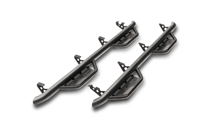 N-FAB Podium LG stainless steel nerf step bar in textured black with large step pads for a Toyota Tacoma double cab