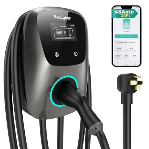 NexCyber grey Level 2 EV charger with a touch screen display, emergency stop button and 25 foot J1772 cable