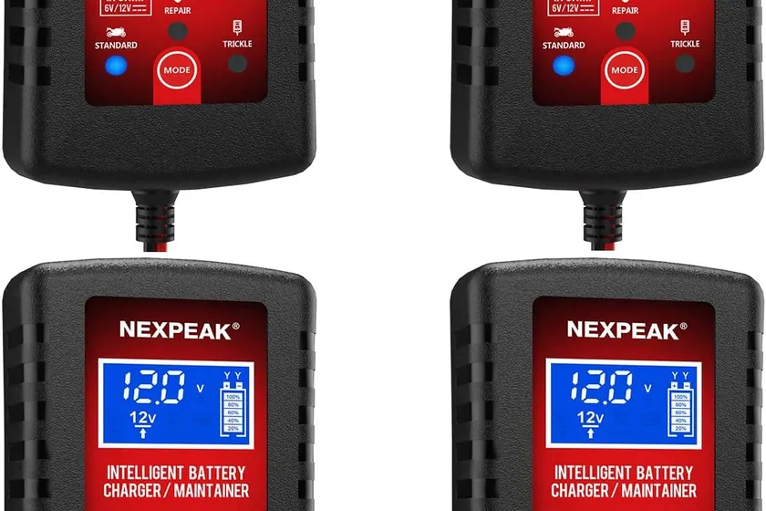 Four NEXPEAK 1.75A smart trickle chargers with LCD screens, SAE cords, alligator clips and ring terminals