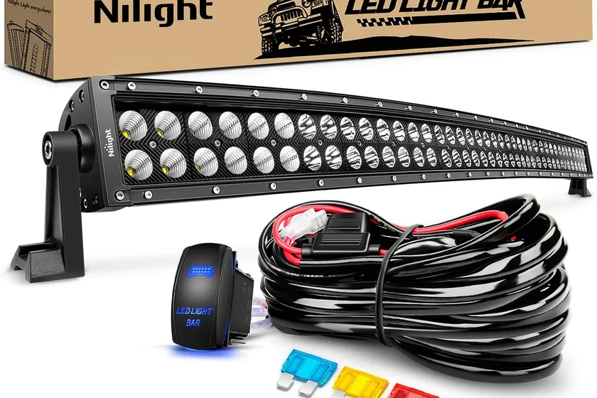 Nilight 42 inch curved spot flood combo LED light bar with 5-pin rocker switch wiring harness for truck roof mounting