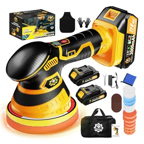 Niusken yellow cordless dual action car polisher with LED speed display, two 21 volt batteries, charger and a stack of foam and wool pads