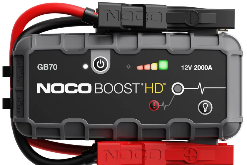 NOCO Boost HD GB70 large orange and black lithium jump starter with heavy duty battery clamps