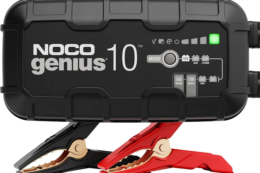 NOCO GENIUS10 black 10 amp smart battery charger with its AC cord and clamp-fitted DC cable