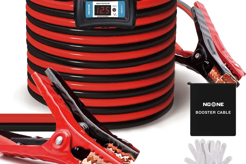 NOONE 2 gauge 20 foot jumper cables with the Smart-7 reverse polarity protector box and LCD voltage display