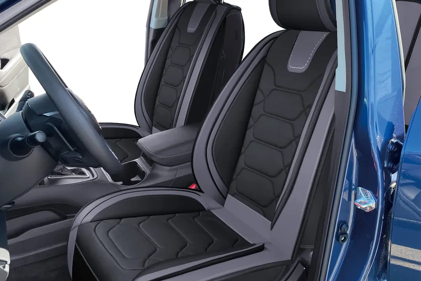 Gray OASIS AUTO waterproof faux leather full set seat covers fitted across a Subaru Forester cabin
