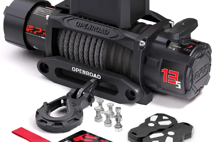 OPENROAD Panther Series 3S 13500 lb electric winch with black housing, orange accents, synthetic rope and two wireless remotes