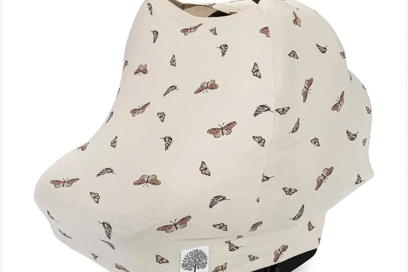 Parker Baby stretchy gray 4 in 1 infant car seat cover fitted over an infant carrier