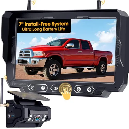 pemacom P15 magnetic solar backup camera on its rubber coated base next to a 7 inch dash monitor