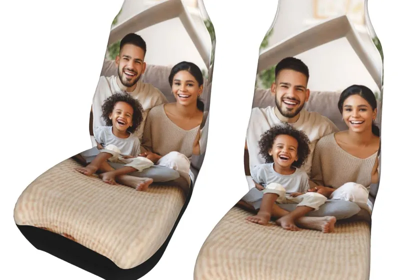 Set of two personalized print car seat covers with custom image and text on the front seats