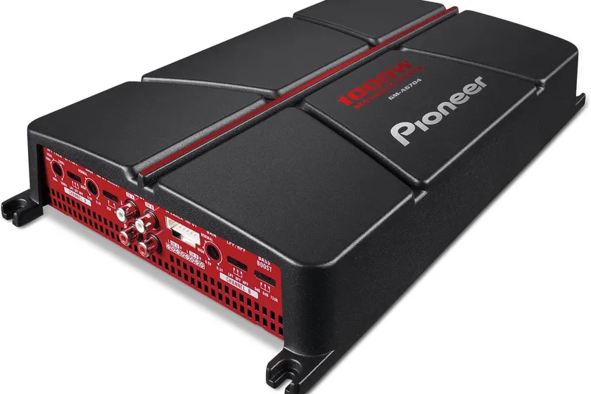 Pioneer GM-A6704 black and red four channel car amplifier showing its speaker terminals and crossover controls