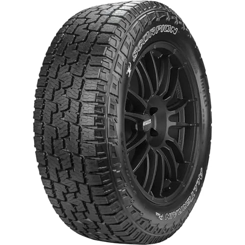 Pirelli Scorpion All Terrain Plus tire standing upright, showing its all terrain tread blocks and the size markings pressed into the black sidewall