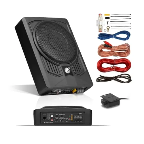 Planet Audio P8AWK low profile 8 inch powered car subwoofer with its 8 AWG wiring kit laid out beside it
