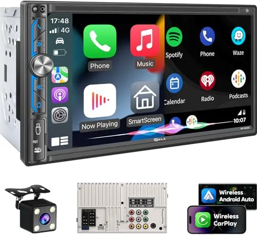 PLZ MP-902W double DIN car stereo with a 7 inch touchscreen showing the Apple CarPlay home screen