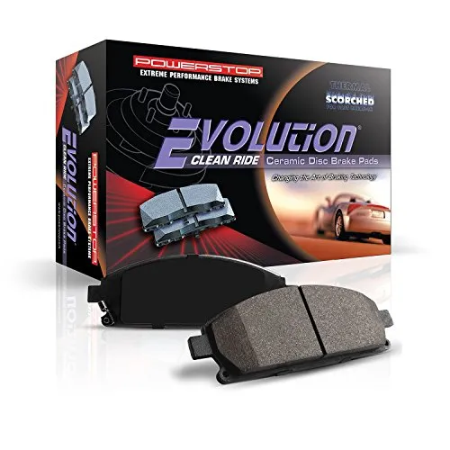 PowerStop Z16 Replacement ceramic front brake pads showing the slotted, chamfered friction material and rubberized shims