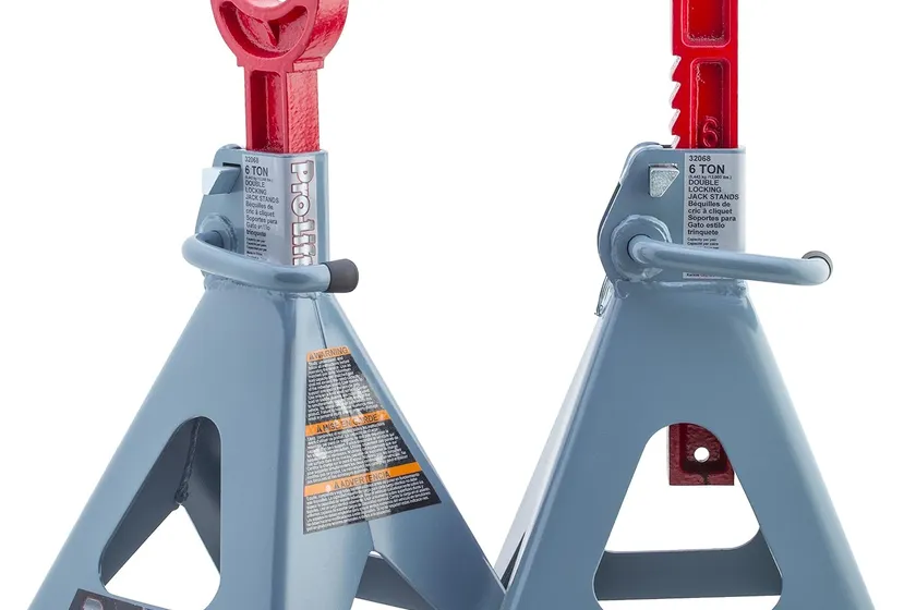 Pair of grey and red Pro-LifT 6 ton jack stands with tall ratchet bars, handle locks and mobility pins