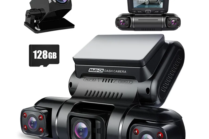 PRUVEEO four-channel 360 dash cam covering front, rear, left, and right with included memory card