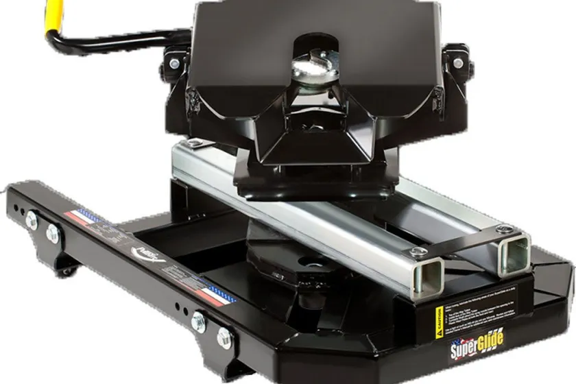 PullRite 2700 SuperGlide automatic sliding fifth wheel hitch on its base rail mounting frame