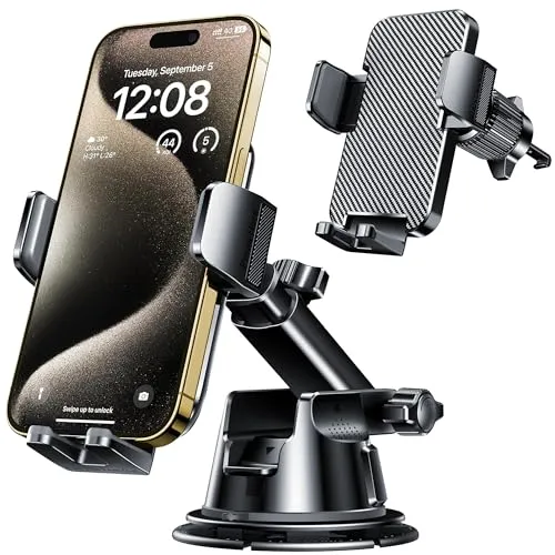 Qifutan carbon fiber look car phone mount with a suction cup, extension arm and clamp cradle