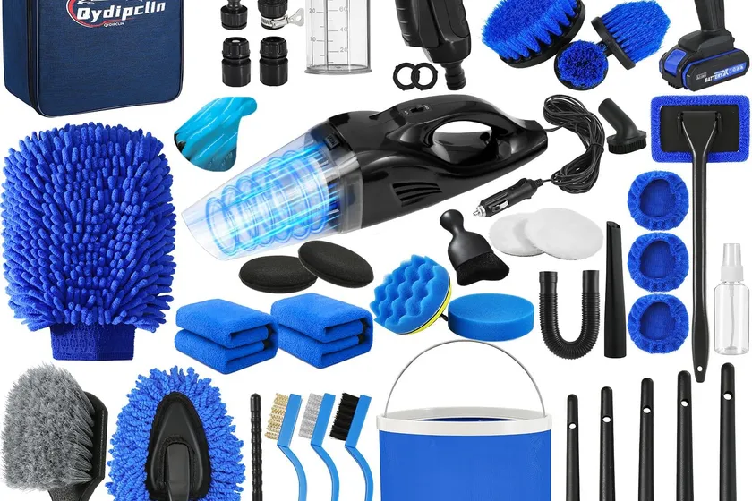 Qydipclin 45-piece blue car detailing kit spread out with a handheld vacuum, foam gun, collapsible bucket, drill brushes, polishing pads and a storage bag