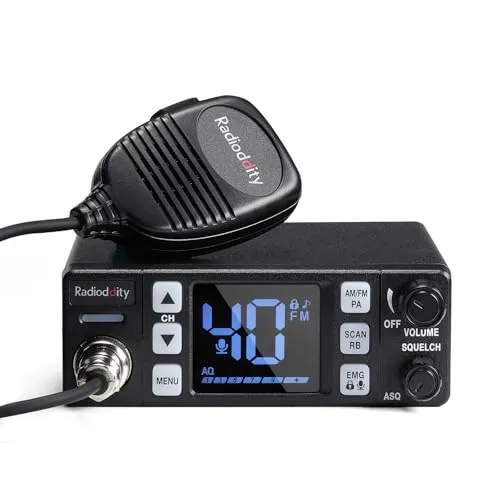 Radioddity CB-606 compact CB radio with its 2.2 inch backlit screen and hand microphone