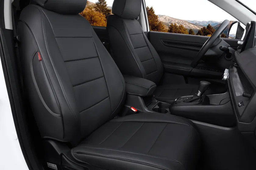 Black Ranaya custom fit waterproof leather seat covers installed on the front and rear seats of a Honda CR-V