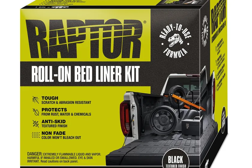 Raptor roll-on bed liner one gallon can in black with textured liner background