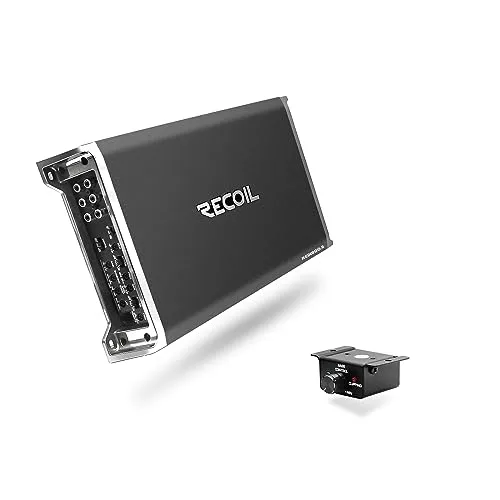 Recoil RED1800.5 five channel Class D car amplifier with its finned heatsink, control panel and bass remote knob