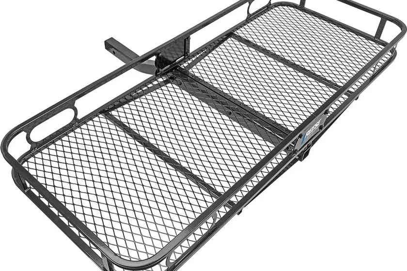 Reese Explore Rambler black steel hitch mount cargo carrier basket with a welded tubular frame