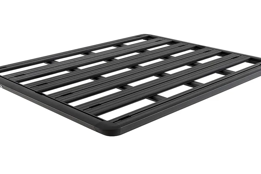 Rhino-Rack Pioneer Platform 52120F flat aluminum roof rack in black with a slotted deck and low side rails