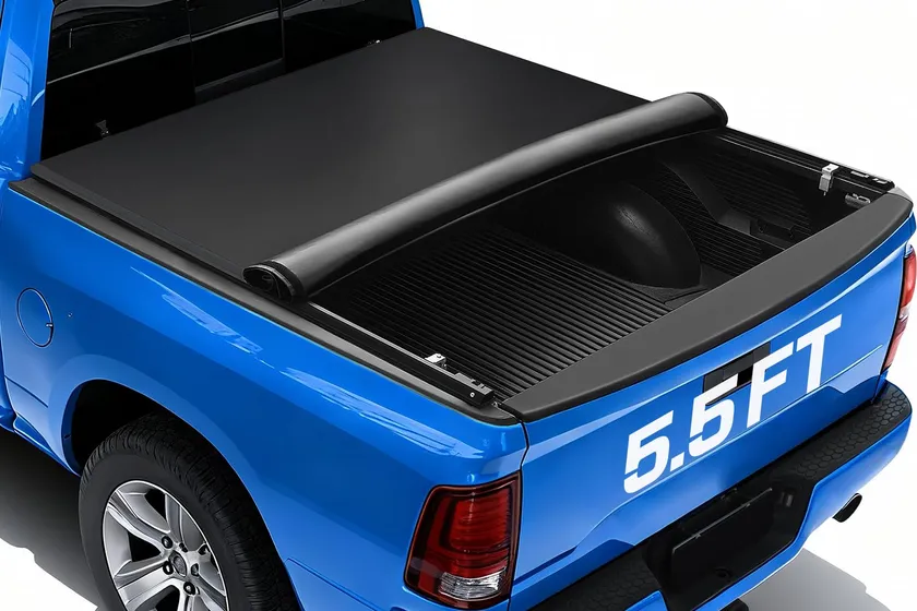 RHOBRA soft roll-up tonneau cover in black vinyl partially rolled toward the cab on a Toyota Tundra bed