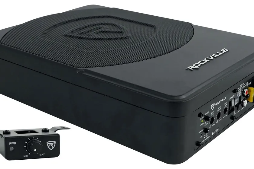 Rockville SS10P slim cast aluminum under-seat powered subwoofer with wired bass knob