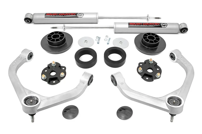 Rough Country 3.5 inch lift kit components with strut spacers, aluminum control arms and N3 rear shocks for the Ram 1500