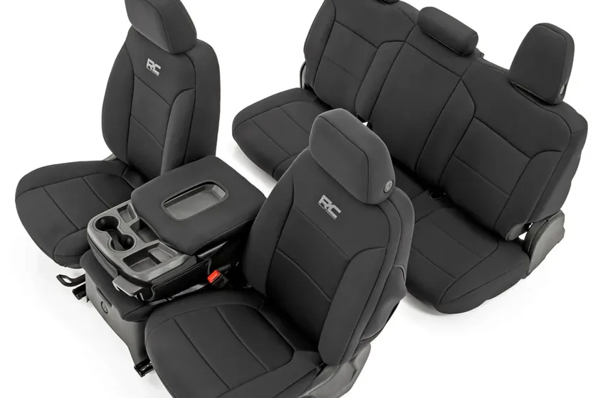 Rough Country black neoprene front and rear seat covers for a 2019-2026 Chevy Silverado 1500