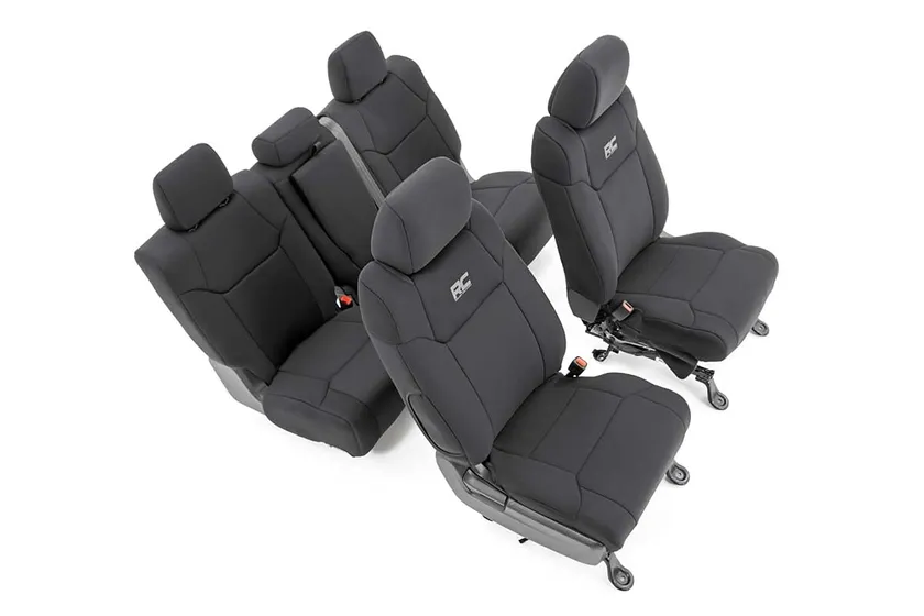 Rough Country black neoprene front and rear seat covers on a Toyota Tundra CrewMax interior