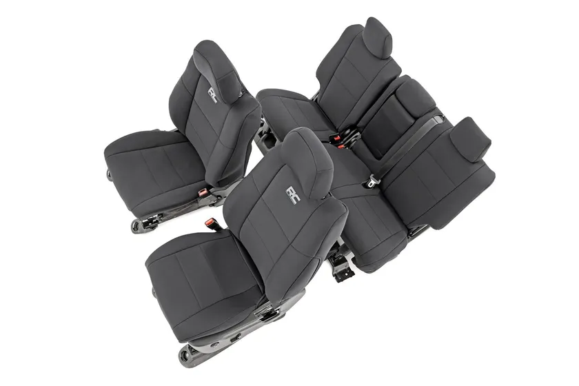 Rough Country black neoprene front and rear seat covers for a Jeep Grand Cherokee