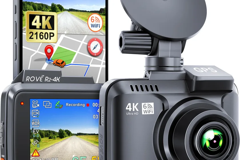 ROVE R2-4K dash cam with 2.4 inch screen showing live road view, mount and accessories